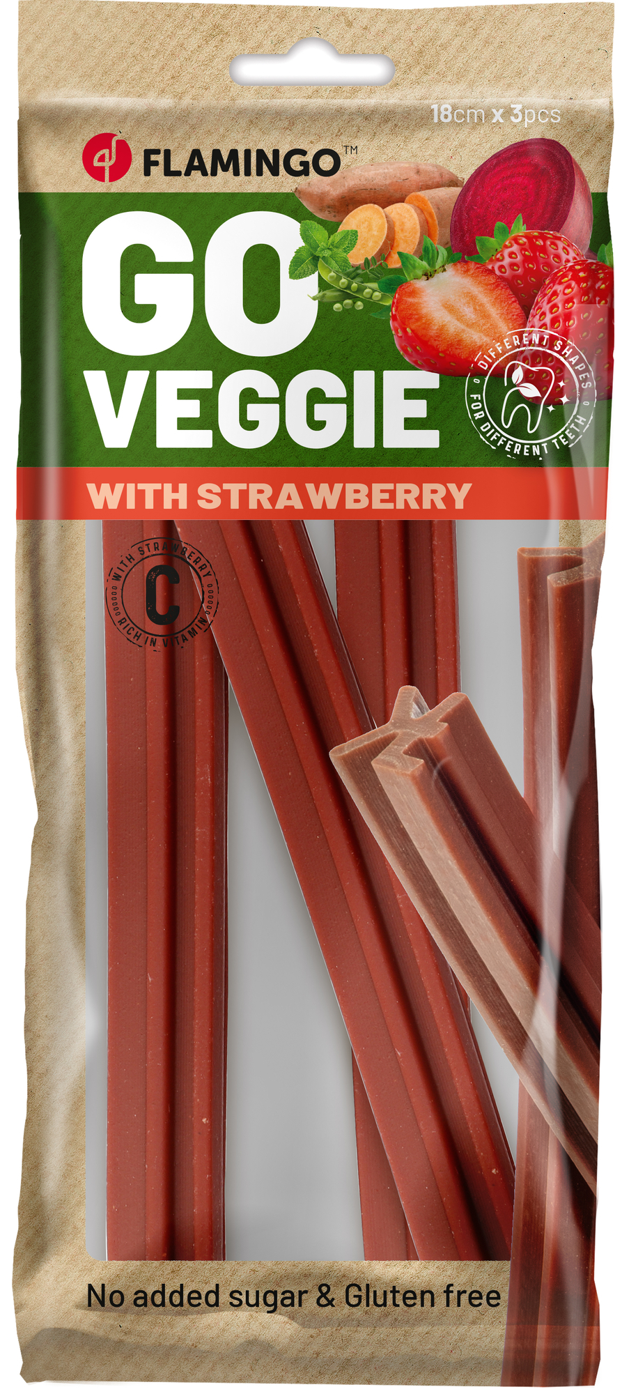 Flamingo Veggie Staaf Hondensnack met Aardbei 18cm 3st 150g
